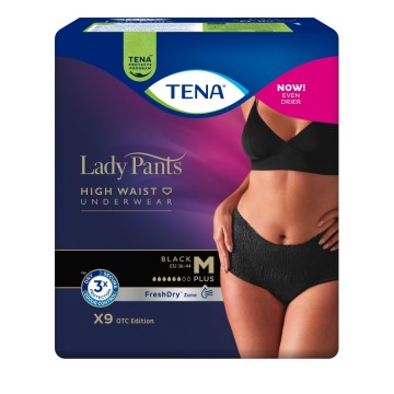 TENA Lady Pants Plus - Дискретно бельо за жени с висока талия, цвят Черен, Размер М, 9 бр./опак.